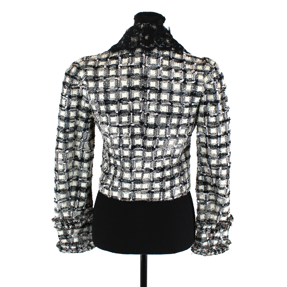 LoveShackFancy Lace Black Plaid Patrick Blazer 2 NEW Cropped Ivory Tweed Jacket - Picture 5 of 9
